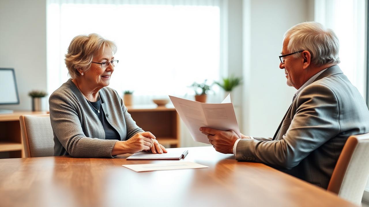 Seniorin bespricht Bestattungsvorsorgevertrag mit Beraterin
