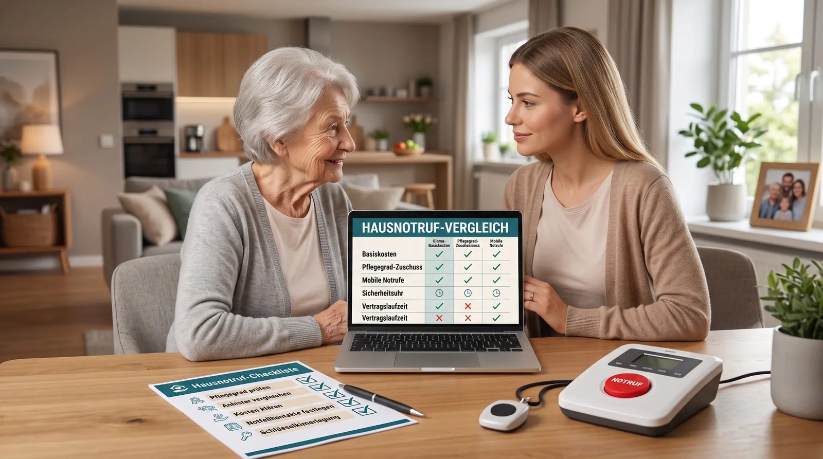 Hausnotruf-Checkliste – die wichtigsten Kriterien vor Vertragsabschluss Hausnotruf-Checkliste 2026 – Seniorin und Beraterin vergleichen Anbieter am Laptop