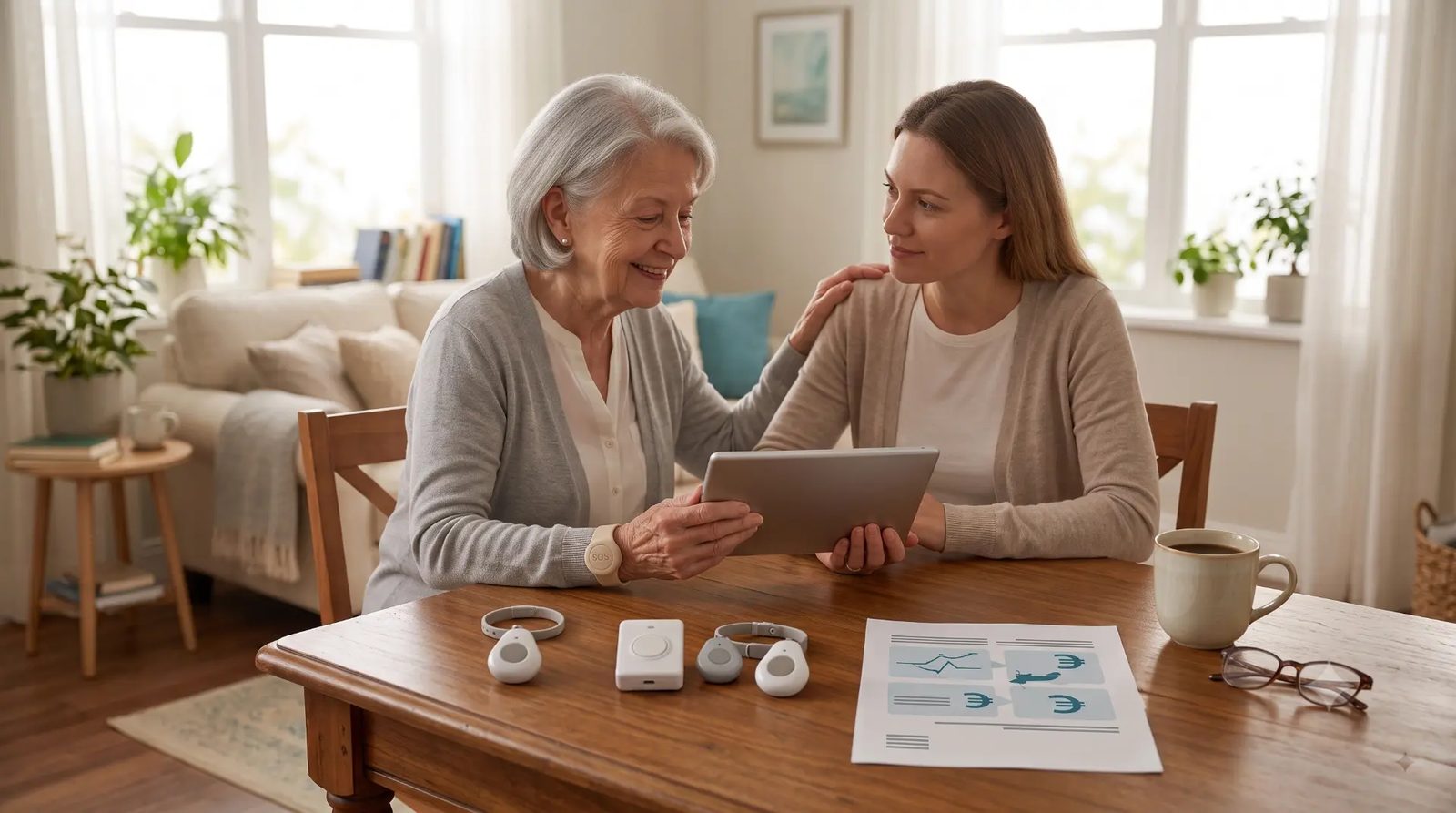 Hausnotruf Kosten Krankenkasse 2026 – Zuschuss und Anspruch Seniorin mit Pflegekassen-Beraterin vergleicht Hausnotruf-Geräte am Tablet