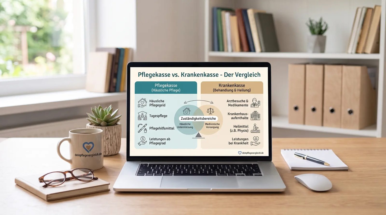 Krankenkasse vs. Pflegekasse 2026 – Wer zahlt was? Infografik Pflegekasse vs. Krankenkasse – Zuständigkeitsbereiche im Vergleich