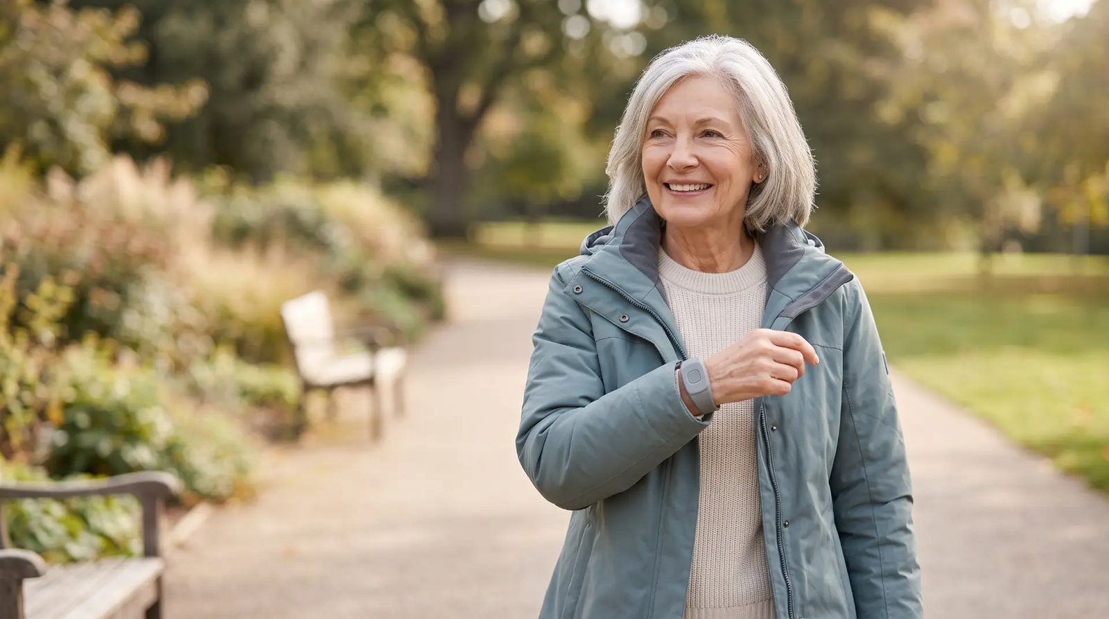 Aktive Seniorin mit mobilem Notrufarmband beim Spaziergang im Herbstpark