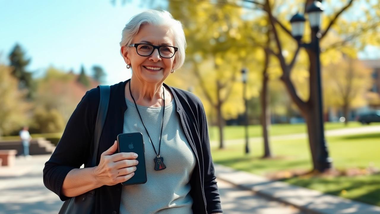 Seniorin trägt mobilen Notrufknopf beim Spaziergang im Park
