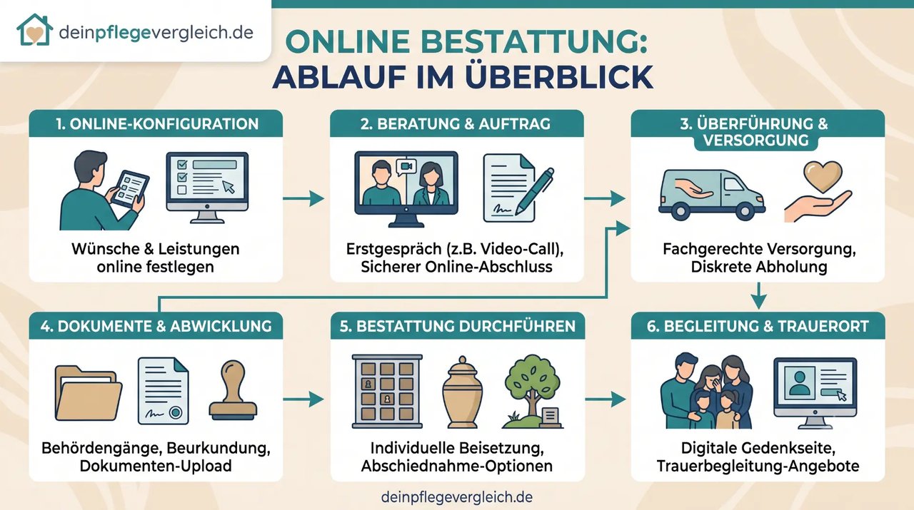 Schritt-für-Schritt-Ablauf einer Online-Bestattung am Bildschirm Schritt-für-Schritt-Ablauf einer Online-Bestattung am Bildschirm