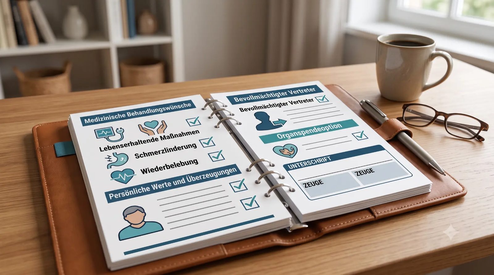 Ausgefüllte Patientenverfügung mit Behandlungswünschen, Vertreter und Unterschrift Ausgefüllte Patientenverfügung mit Behandlungswünschen, Vertreter und Unterschrift