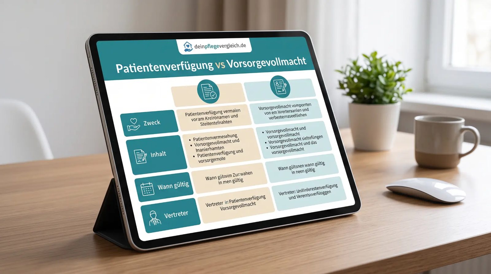 Vergleichstabelle Patientenverfügung vs. Vorsorgevollmacht: Zweck, Inhalt, Gültigkeit, Vertreter Vergleichstabelle Patientenverfügung vs. Vorsorgevollmacht: Zweck, Inhalt, Gültigkeit, Vertreter