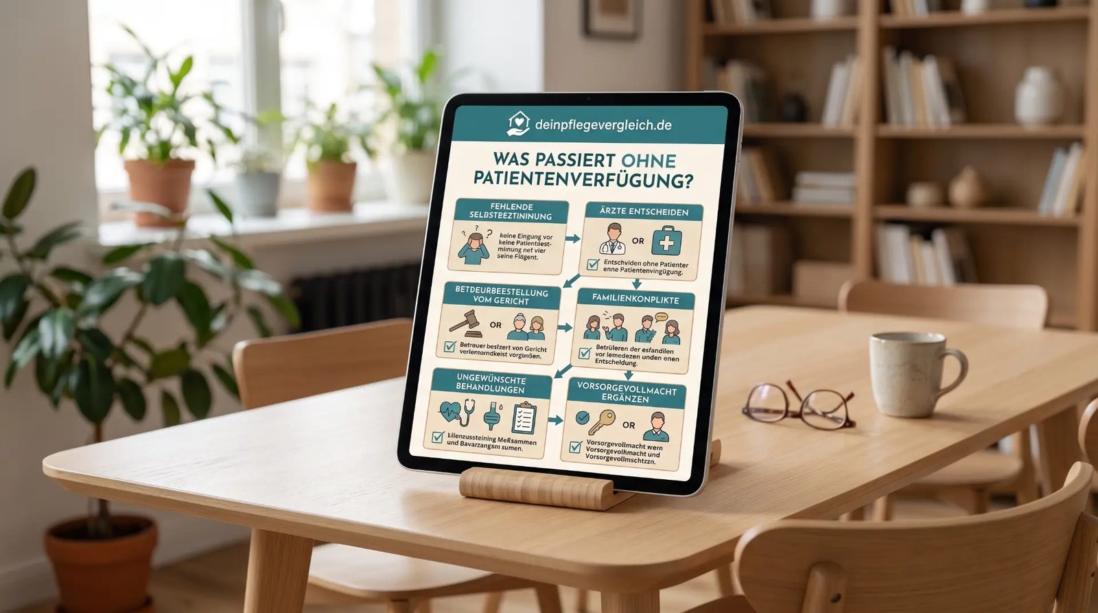 Infografik: Was passiert ohne Patientenverfügung – Betreuerbestellung, Ärzte entscheiden, Familienkonflikte Infografik: Was passiert ohne Patientenverfügung – Betreuerbestellung, Ärzte entscheiden, Familienkonflikte