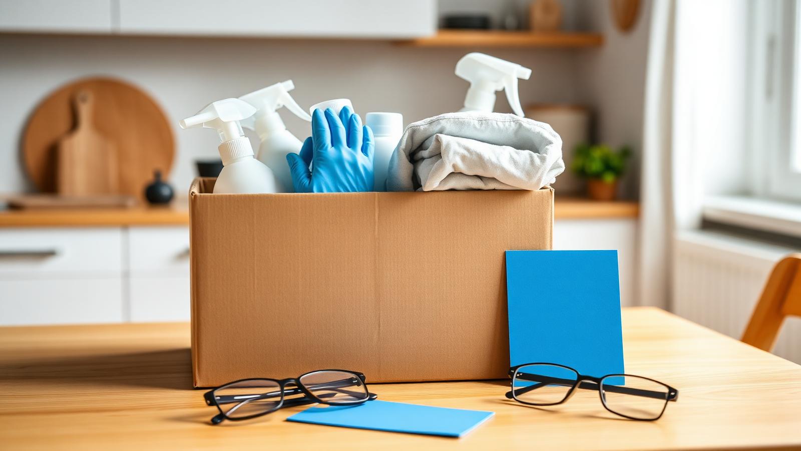 Pflegebox für AOK-Versicherte – 42 € Pauschale beantragen Pflegebox mit Einmalhandschuhen, Desinfektionsmittel und Schutzschürzen neben Krankenversicherungskarte auf einem Küchentisch