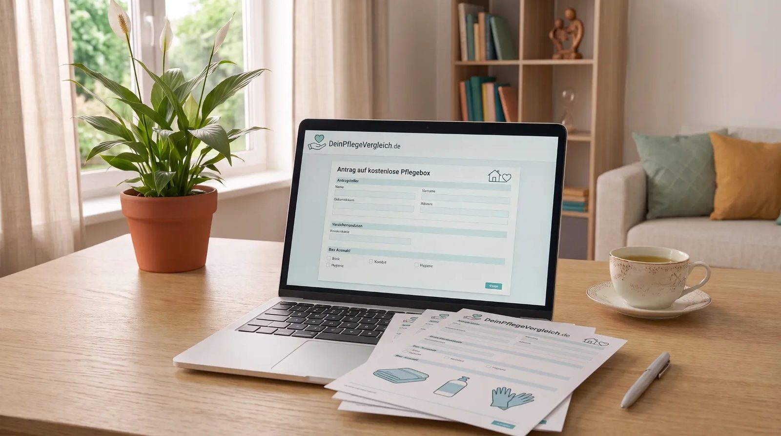 Pflegebox ohne Pflegegrad 2026 – Ihre Optionen im Überblick Online-Antrag für kostenlose Pflegebox auf Laptop mit Formularen daneben