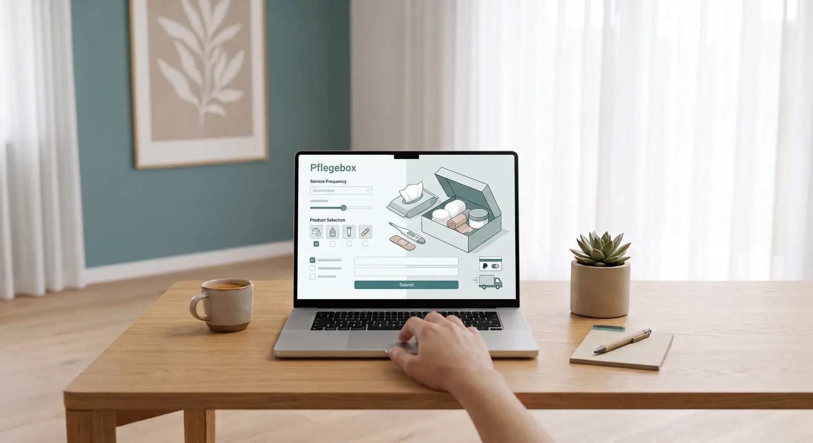 Pflegebox online bestellen 2026 – Anbieter, Ablauf, Vorteile Pflegebox bequem online bestellen – Laptop mit Konfigurator und Produktauswahl