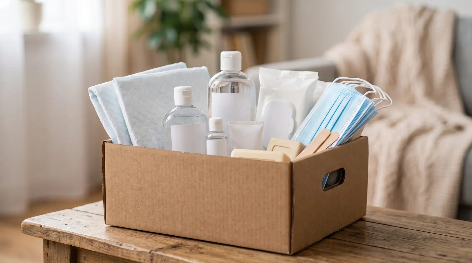 Pflegebox 2026 – Was ist die 42-Euro-Pauschale der Pflegekasse? Pflegebox mit Handschuhen, Desinfektionsmittel, Bettschutzeinlagen und Mundschutz auf Holztisch