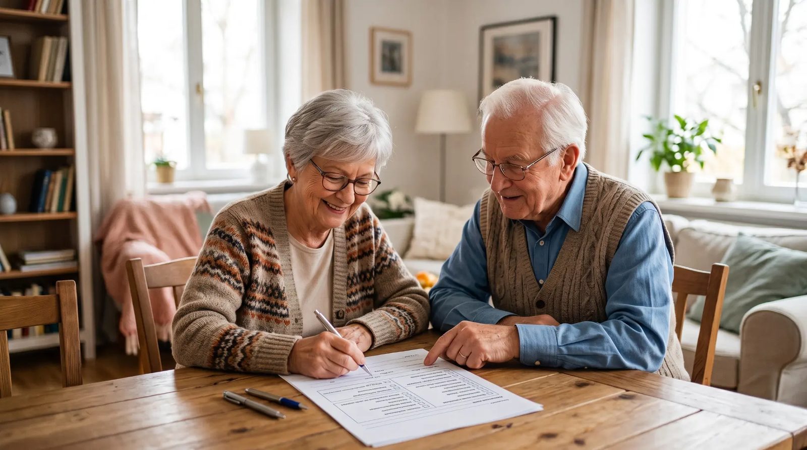 Pflegehilfsmittel Liste 2026 – Alle Produkte der PG 54 im Überblick Seniorenpaar prüft gemeinsam die Pflegehilfsmittel-Liste PG 54 am Esstisch
