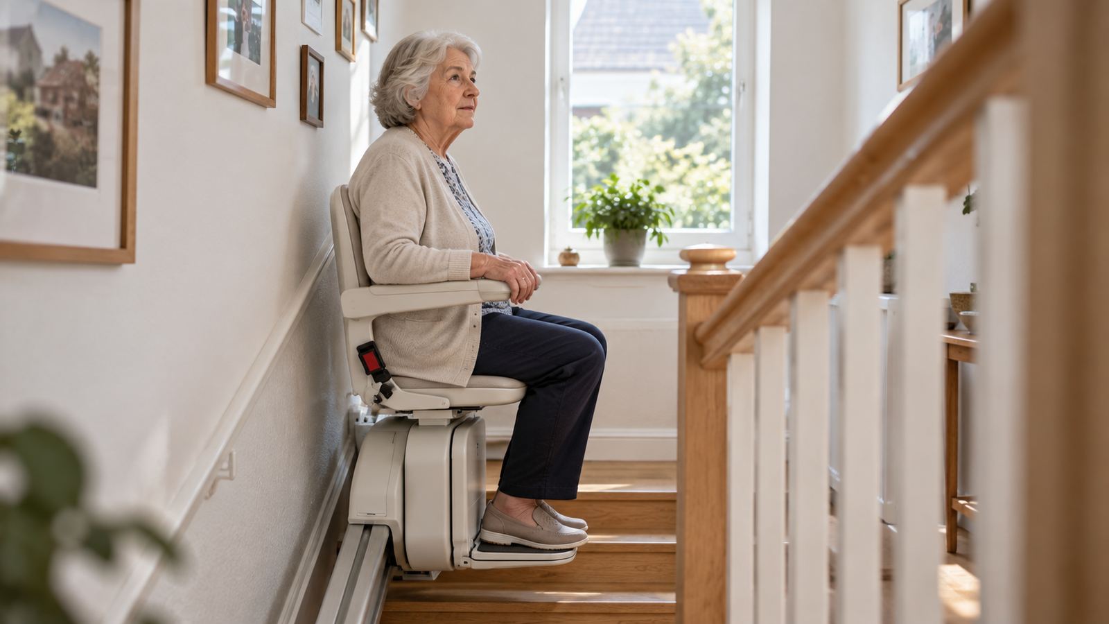 Treppenlift Überblick 2026 Ältere Frau sitzt auf einem Treppenlift an einer Innentreppe