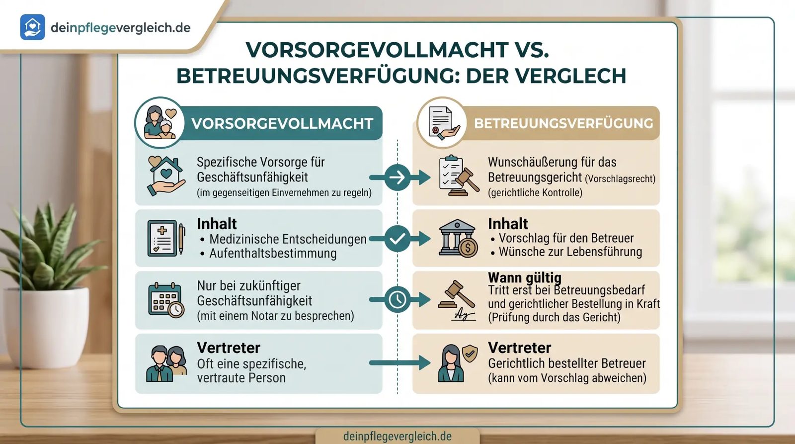 Vergleich Vorsorgevollmacht vs. Betreuungsverfügung: Zweck, Inhalt, Gültigkeit und Vertreter