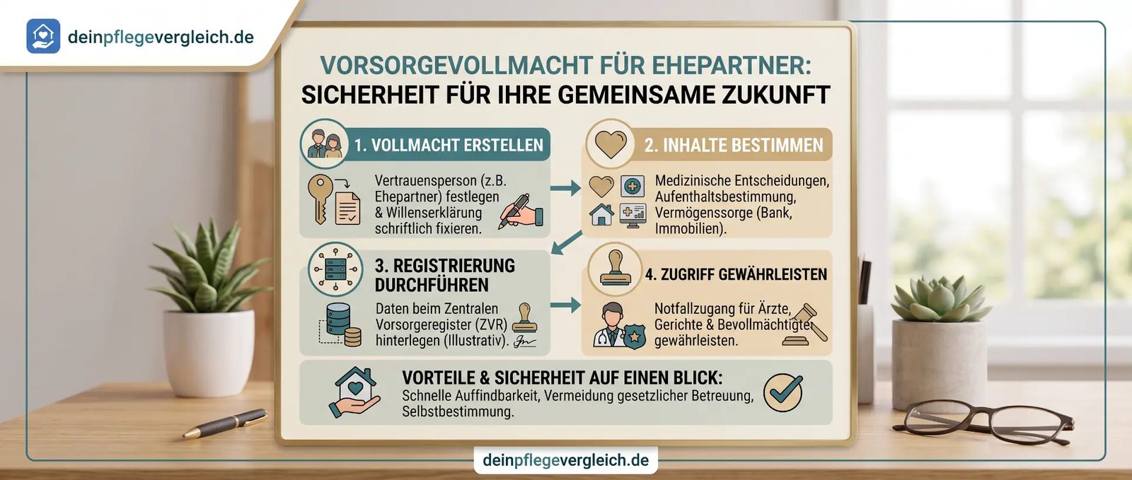 Infografik: Vorsorgevollmacht für Ehepartner erstellen, Inhalte bestimmen und registrieren