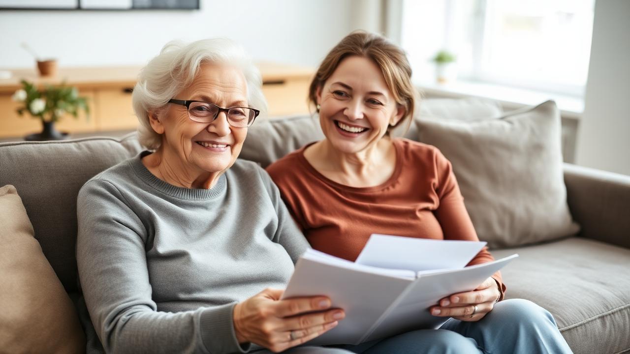 Mutter und Tochter besprechen lächelnd eine Vorsorgevollmacht zu Hause